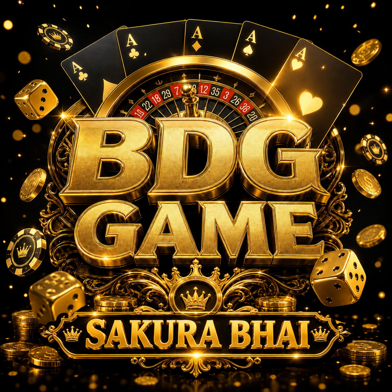 BDG GAME golden emblem with roulette wheel, cards, dice and casino chips