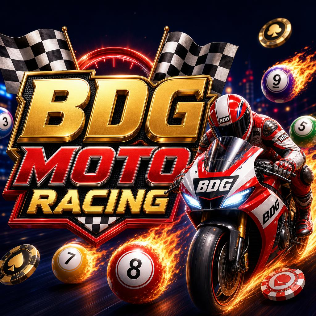 BDG Moto Racing artwork with a racing motorcycle and checkered flags